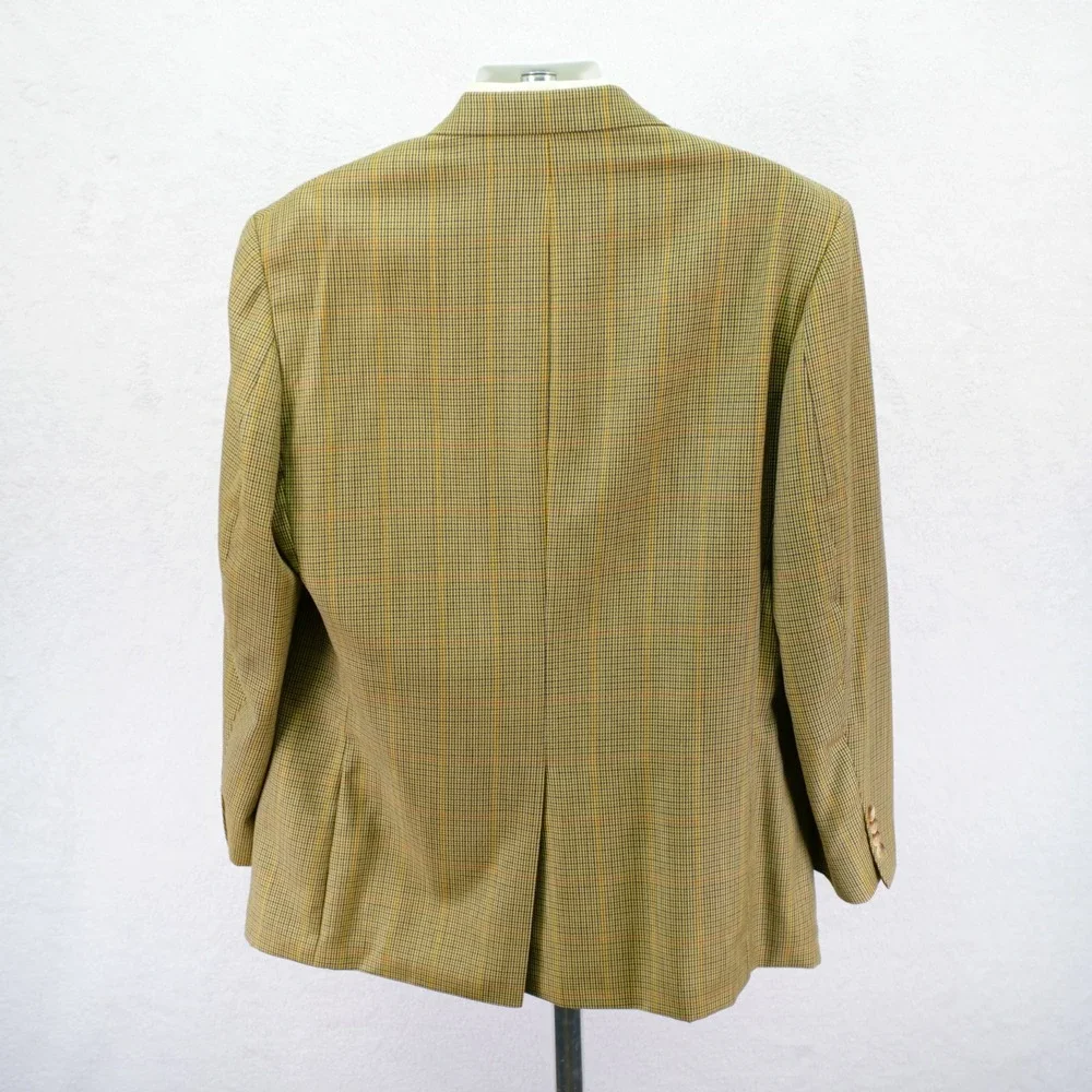 Nautica Wool Tan Green‎ Blue Houndstooth W/ Yellow Red Windowpane 46L Sport Coat